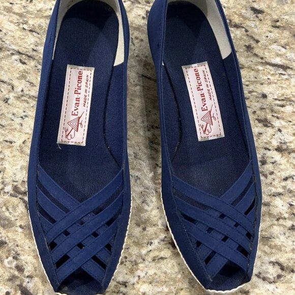 Vintage Evan Picone Women’s Espadrilles 6.5M Navy Canvas Flats Peep Toe Spain - Picture 1 of 10